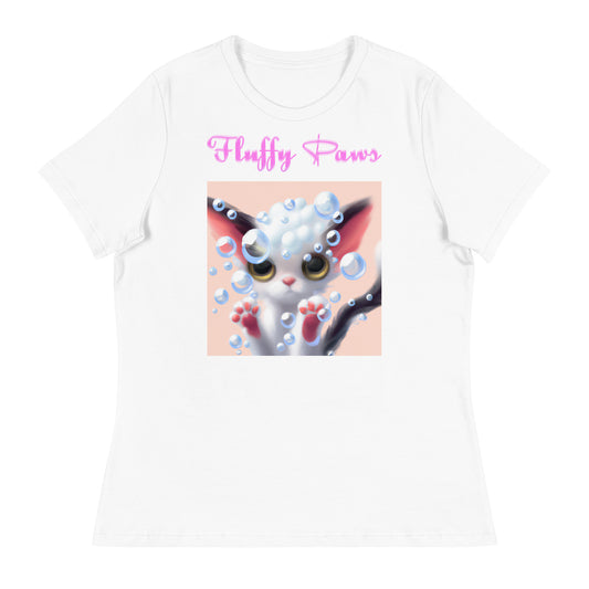 Women's White T-Shirt with Cute Kitten With Bubbles with a text "Fluffy Paws" at $25.97 found at Personalizedpetlovergifts