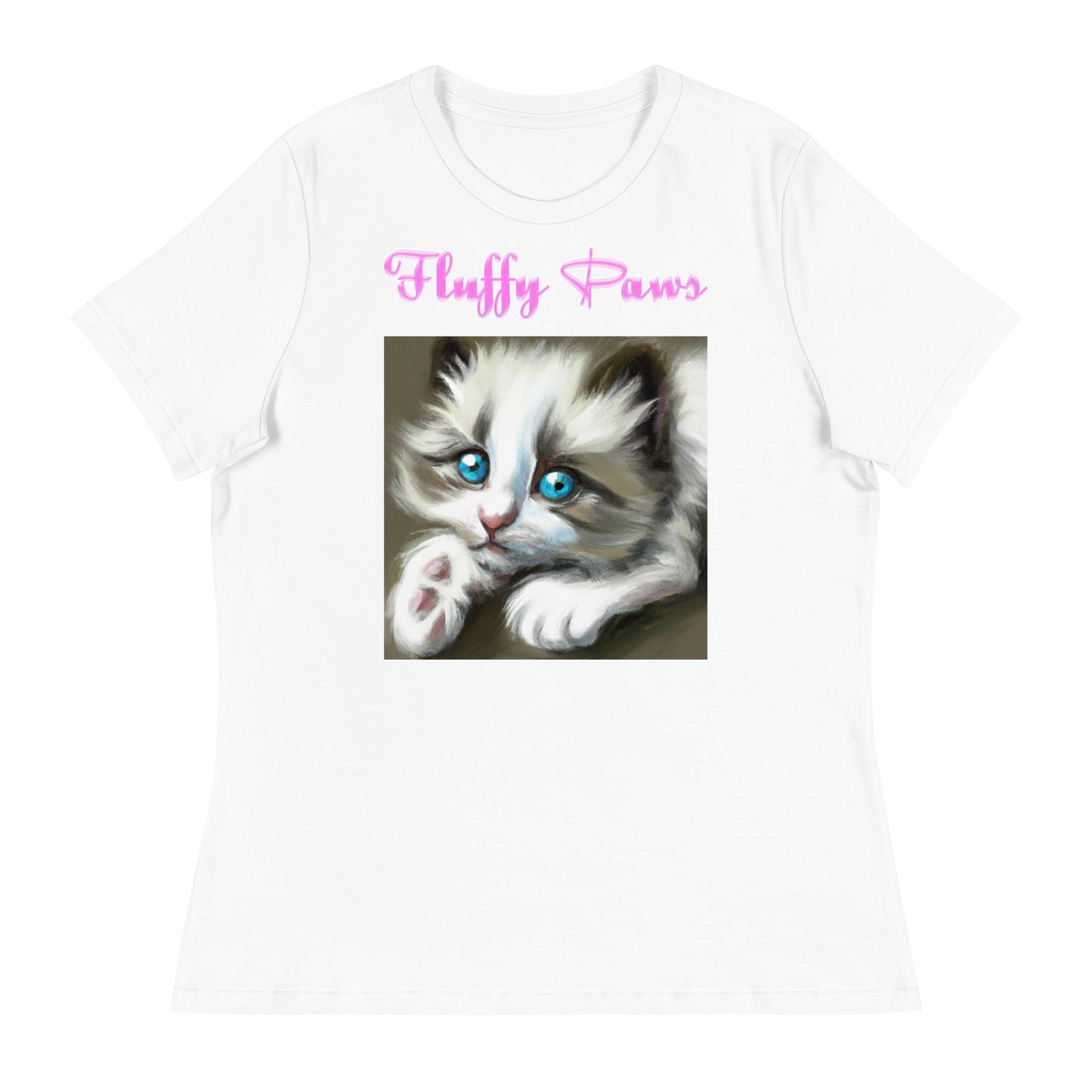 Women's White T-Shirt with Cute Kitten With Blue Eyes with a text "Fluffy Paws" at $25.97 found at Personalizedpetlovergifts