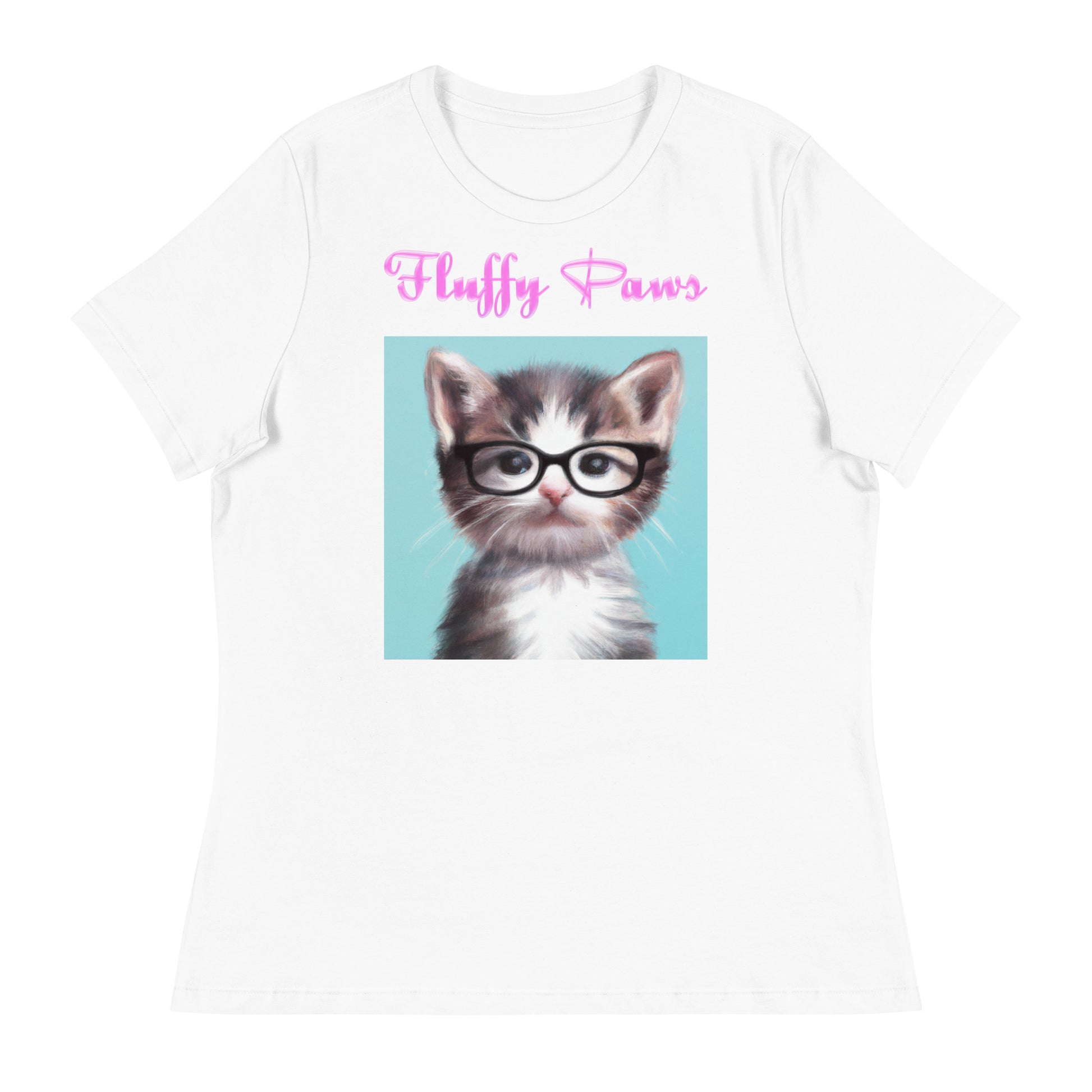 Women's White T-Shirt with Cute Kitten Wearing Glasses with a text "Fluffy Paws" at $25.97 found at Personalizedpetlovergifts