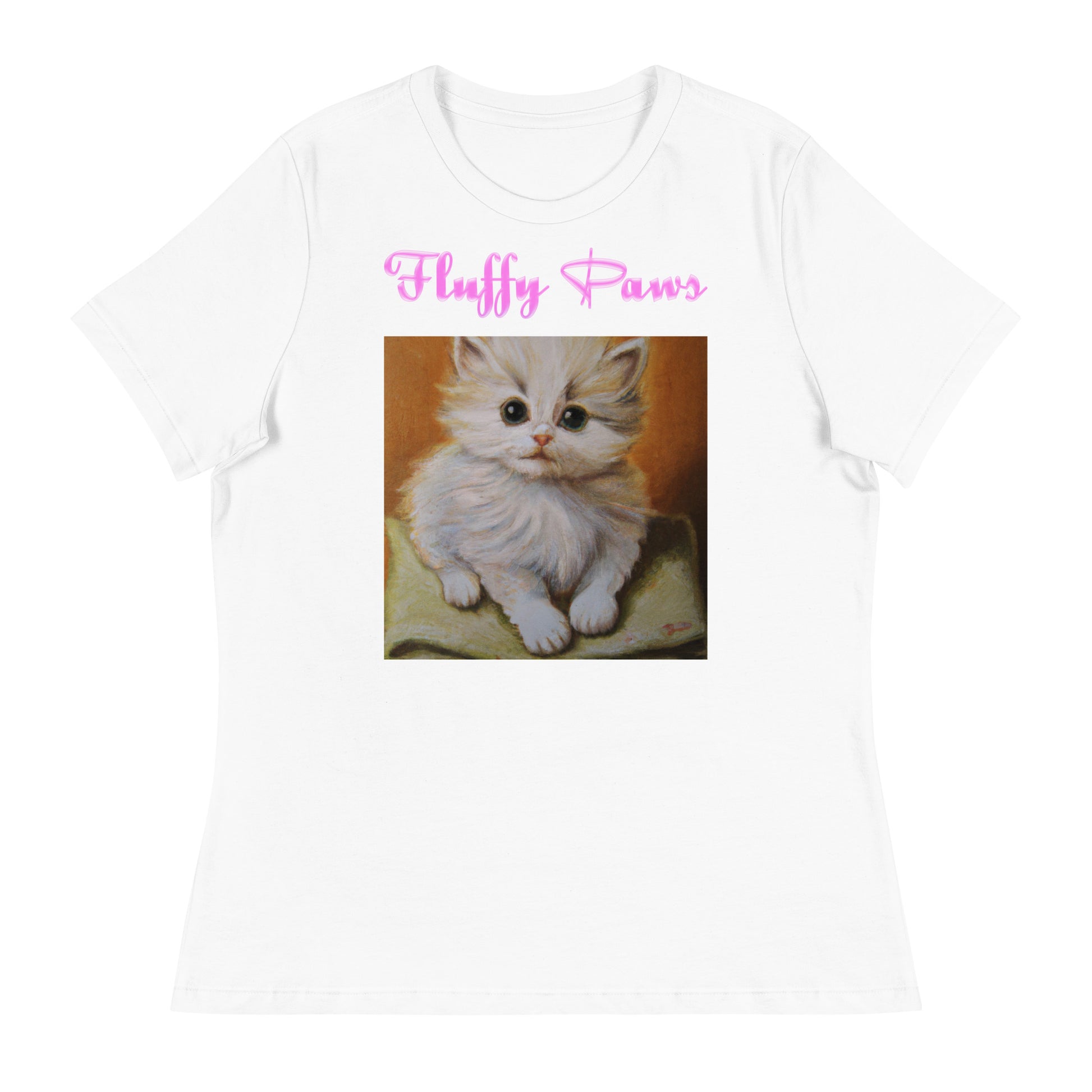 Women's White T-Shirt with Cute Kitten Sitting On a Pillow with a text "Fluffy Paws" at $25.97 found at Personalizedpetlovergifts