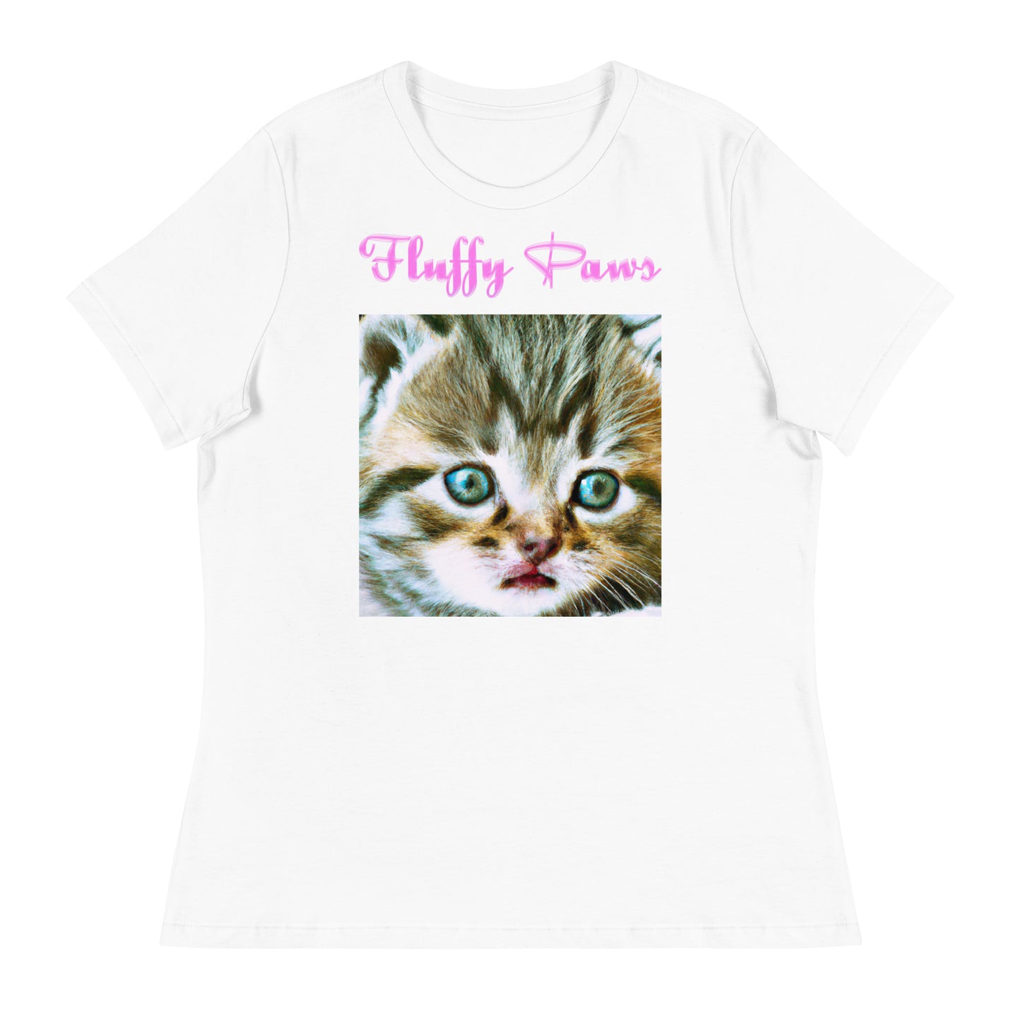 Women's White T-Shirt with Cute Kitten Portrait with a text "Fluffy Paws" at $25.97 found at Personalizedpetlovergifts