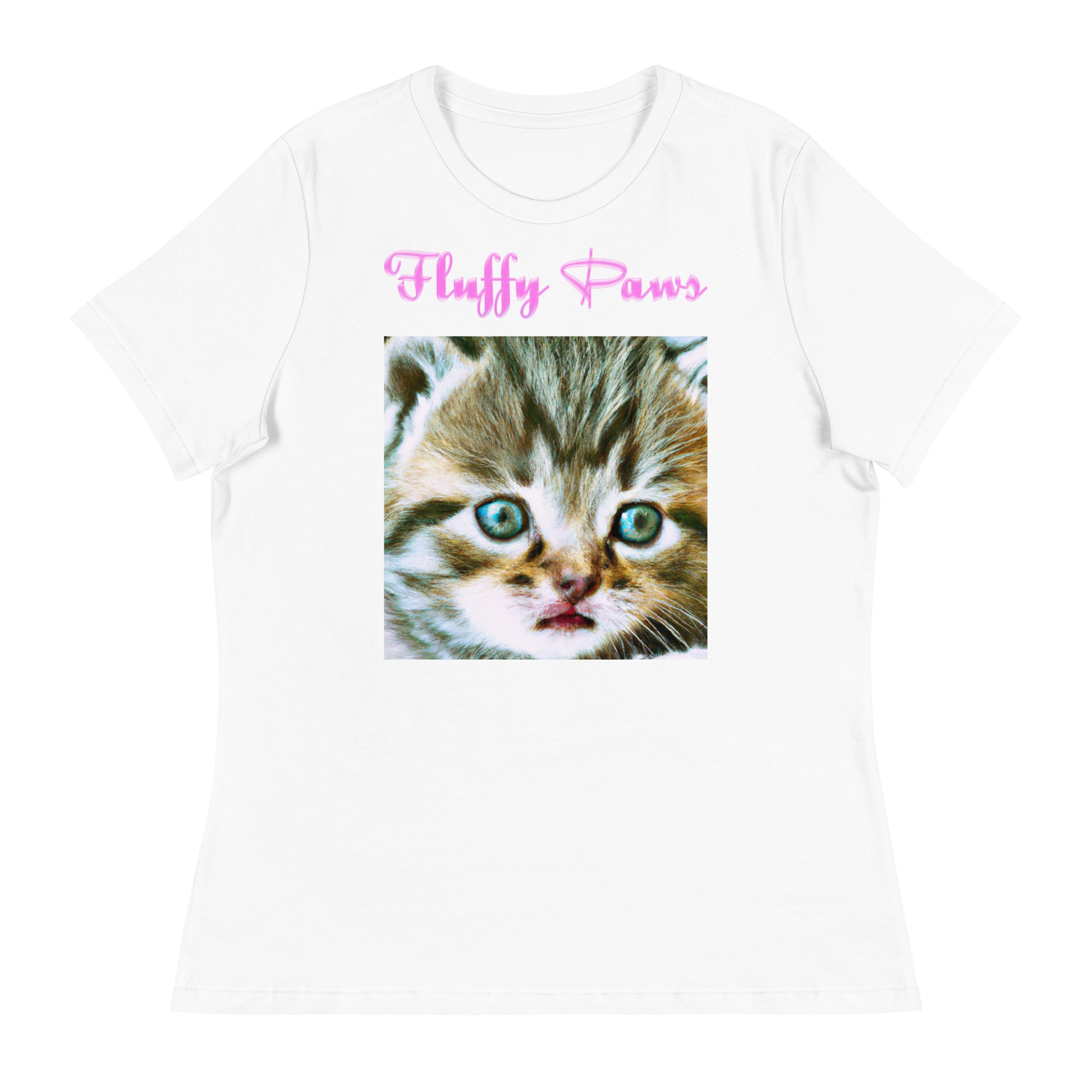 Women's White T-Shirt with Cute Kitten Portrait with a text "Fluffy Paws" at $25.97 found at Personalizedpetlovergifts