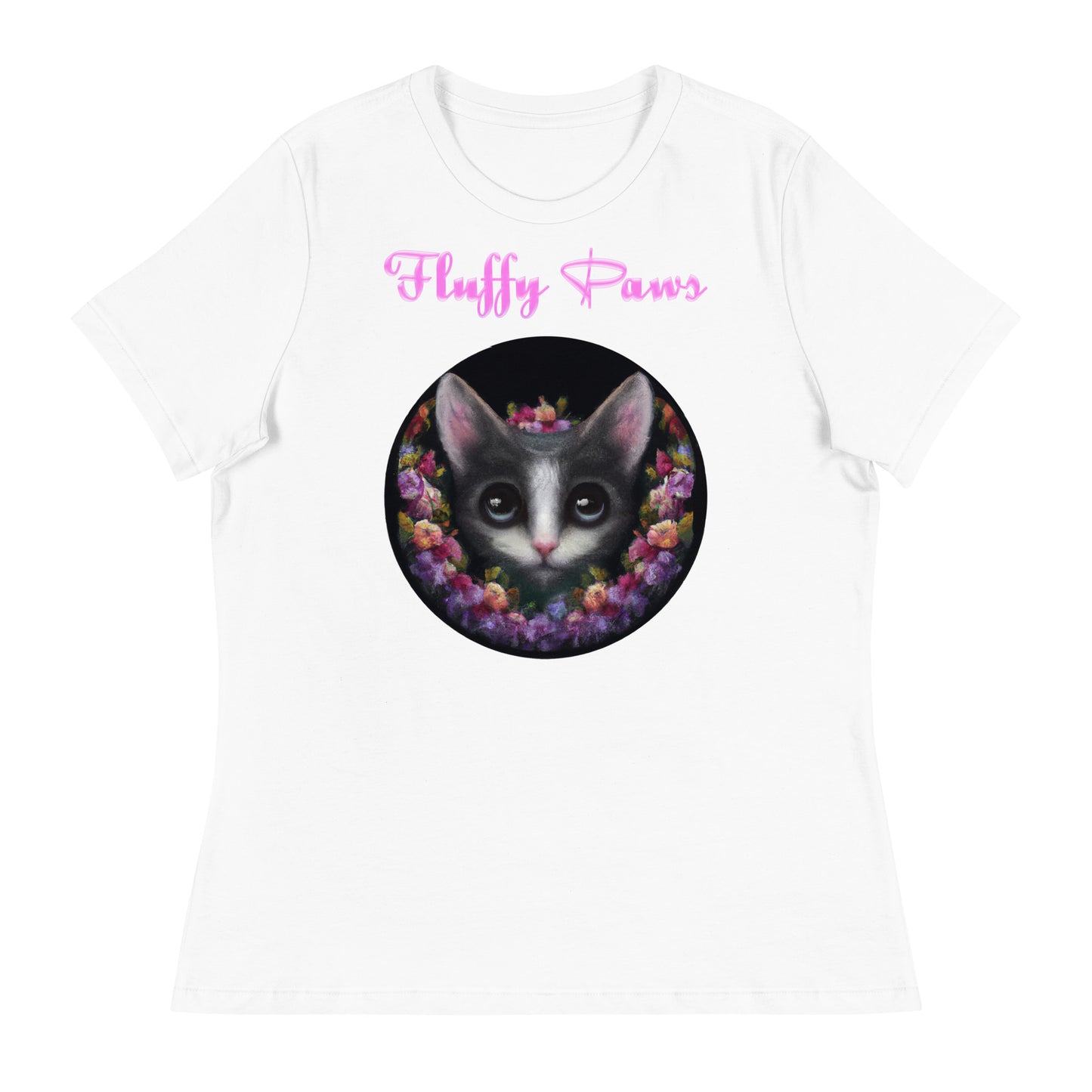 Women's White T-Shirt with Cute Kitten In Flower Circle with a text "Fluffy Paws" at $25.97 found at Personalizedpetlovergifts