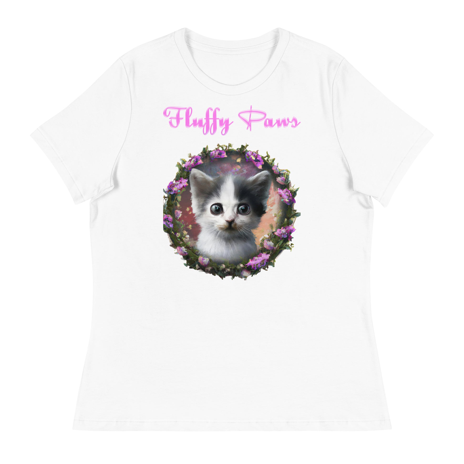 Women's White T-Shirt with Cute Kitten In a Floral Circle with a text "Fluffy Paws" at $25.97 found at Personalizedpetlovergifts