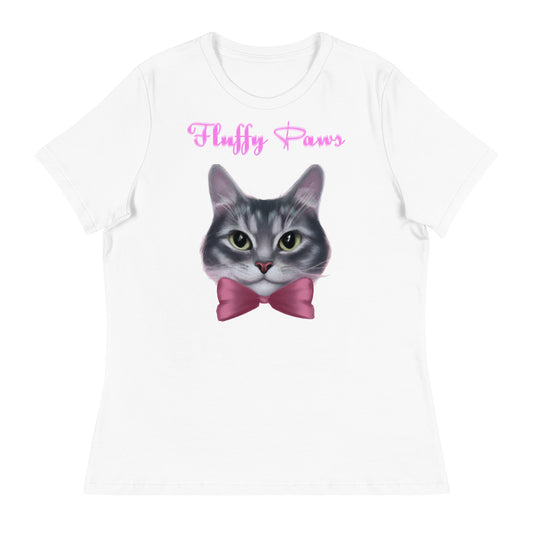 Women's White T-Shirt with Cute Kitten Face With a Pink Bow with a text "Fluffy Paws" at $25.97 found at Personalizedpetlovergifts