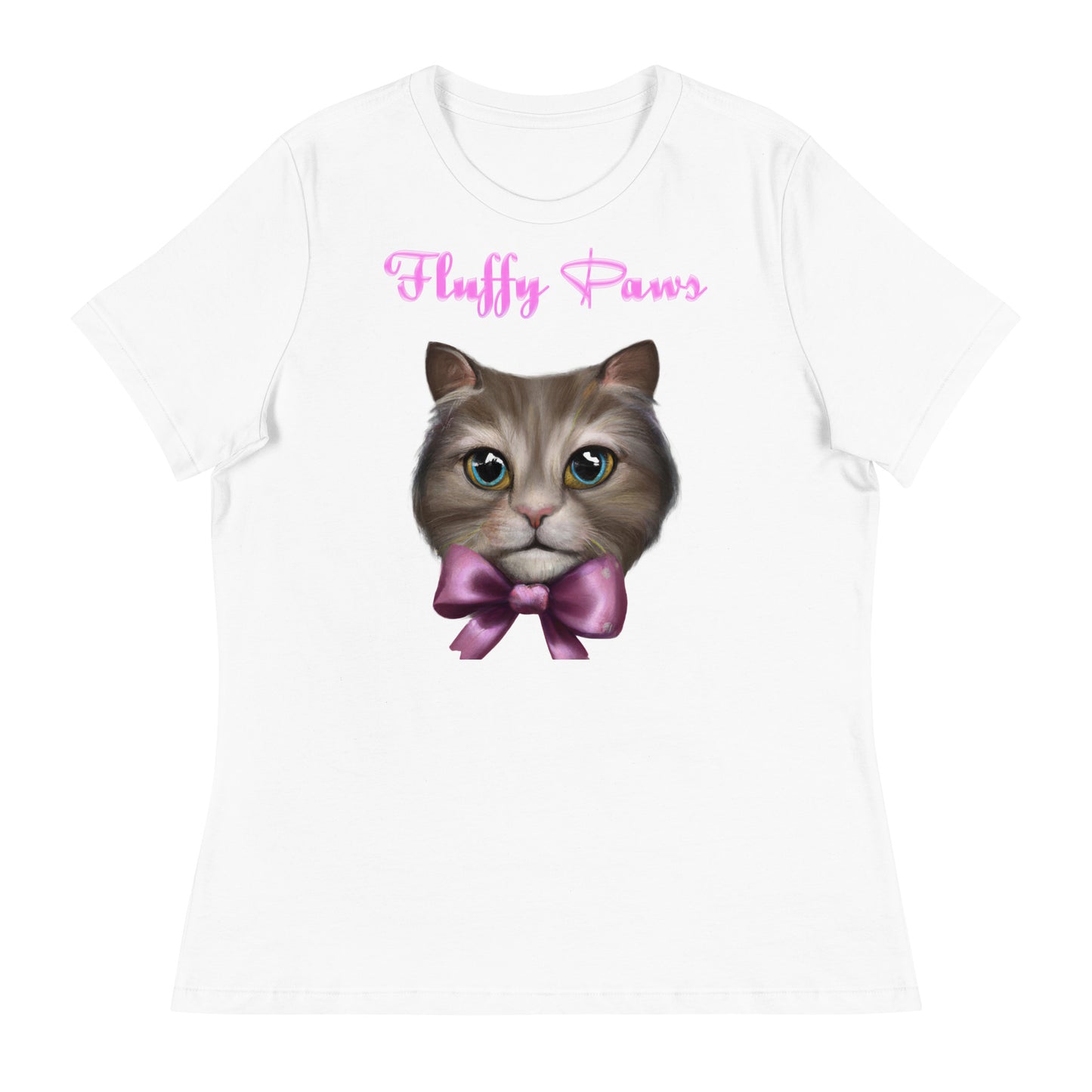 Women's White T-Shirt with Cute Kitten Face With a Bow with a text "Fluffy Paws" at $25.97 found at Personalizedpetlovergifts