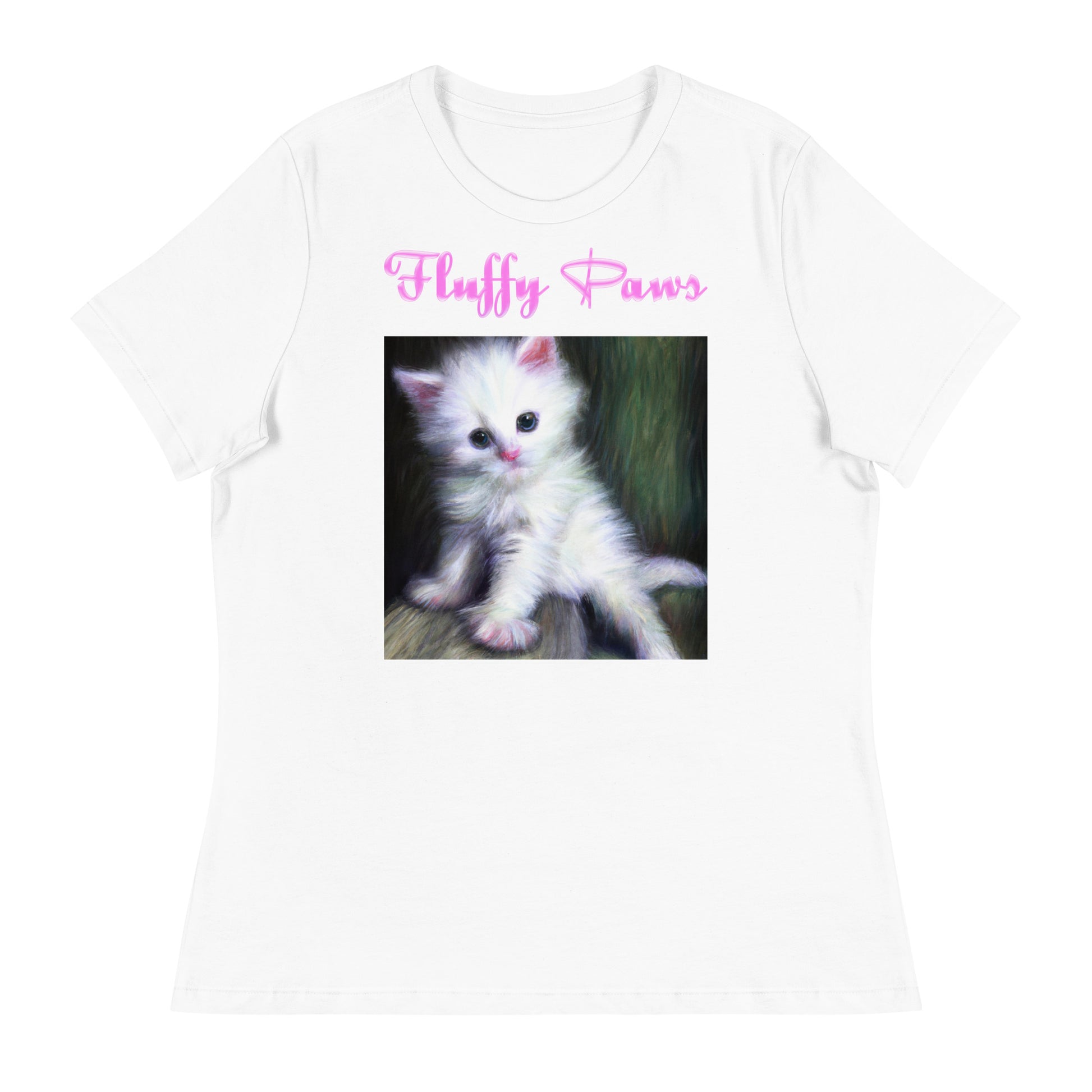 Women's White T-Shirt with Cute Fluffy White Kitten with a text "Fluffy Paws" at $25.97 found at Personalizedpetlovergifts