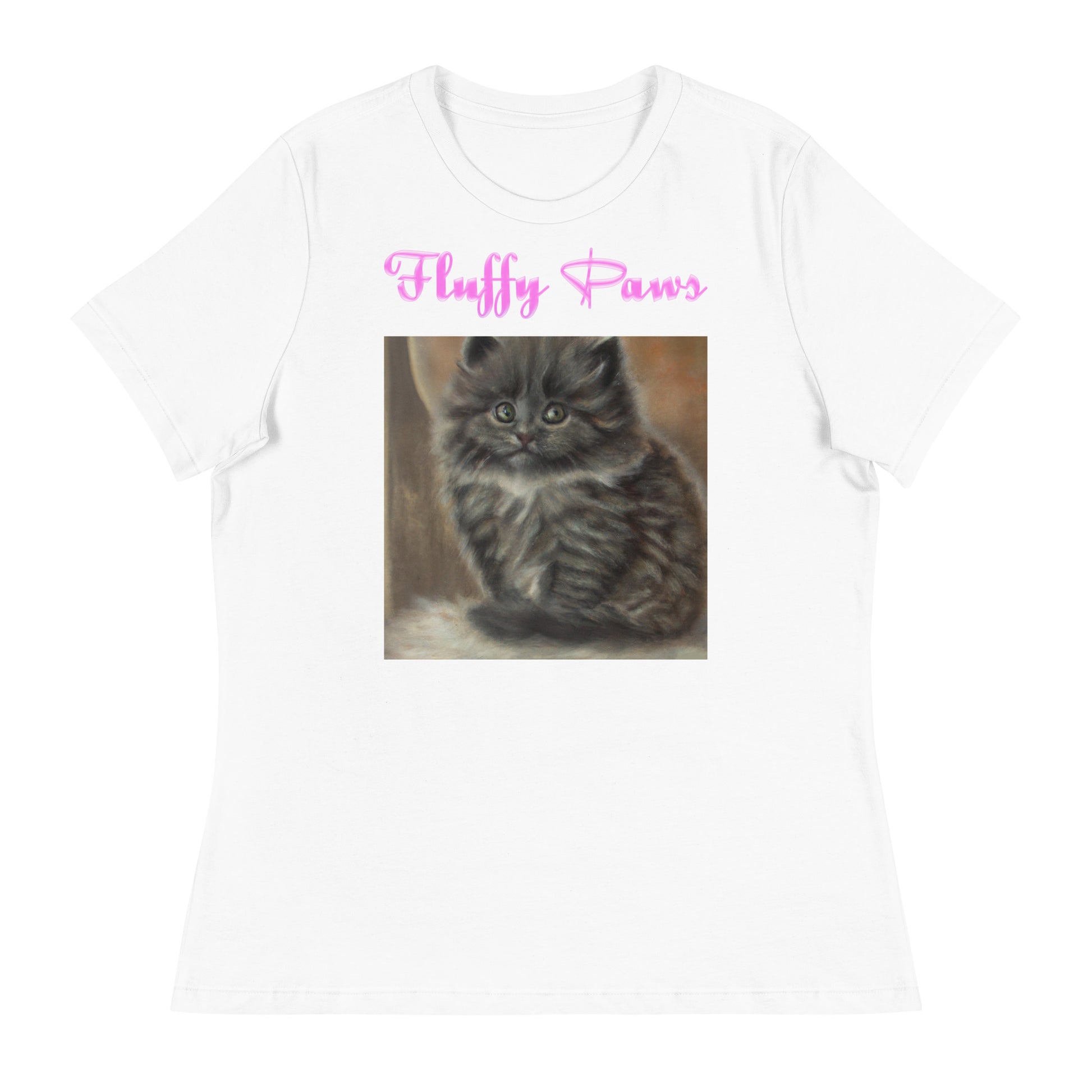 Women's White T-Shirt with Cute Fluffy Kitten with a text "Fluffy Paws" at $25.97 found at Personalizedpetlovergifts