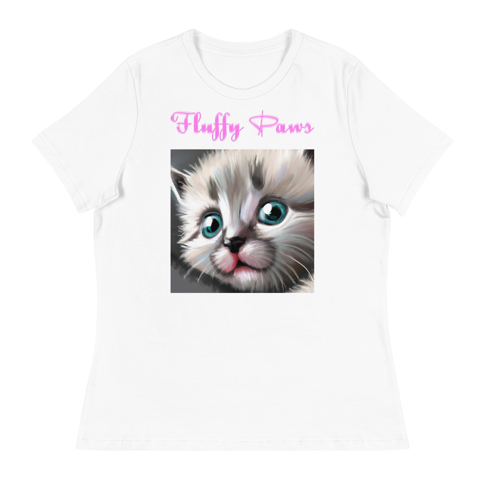 Women's White T-Shirt with Cute Fluffy Kitten With Blue Eyes with a text "Fluffy Paws" at $25.97 found at Personalizedpetlovergifts