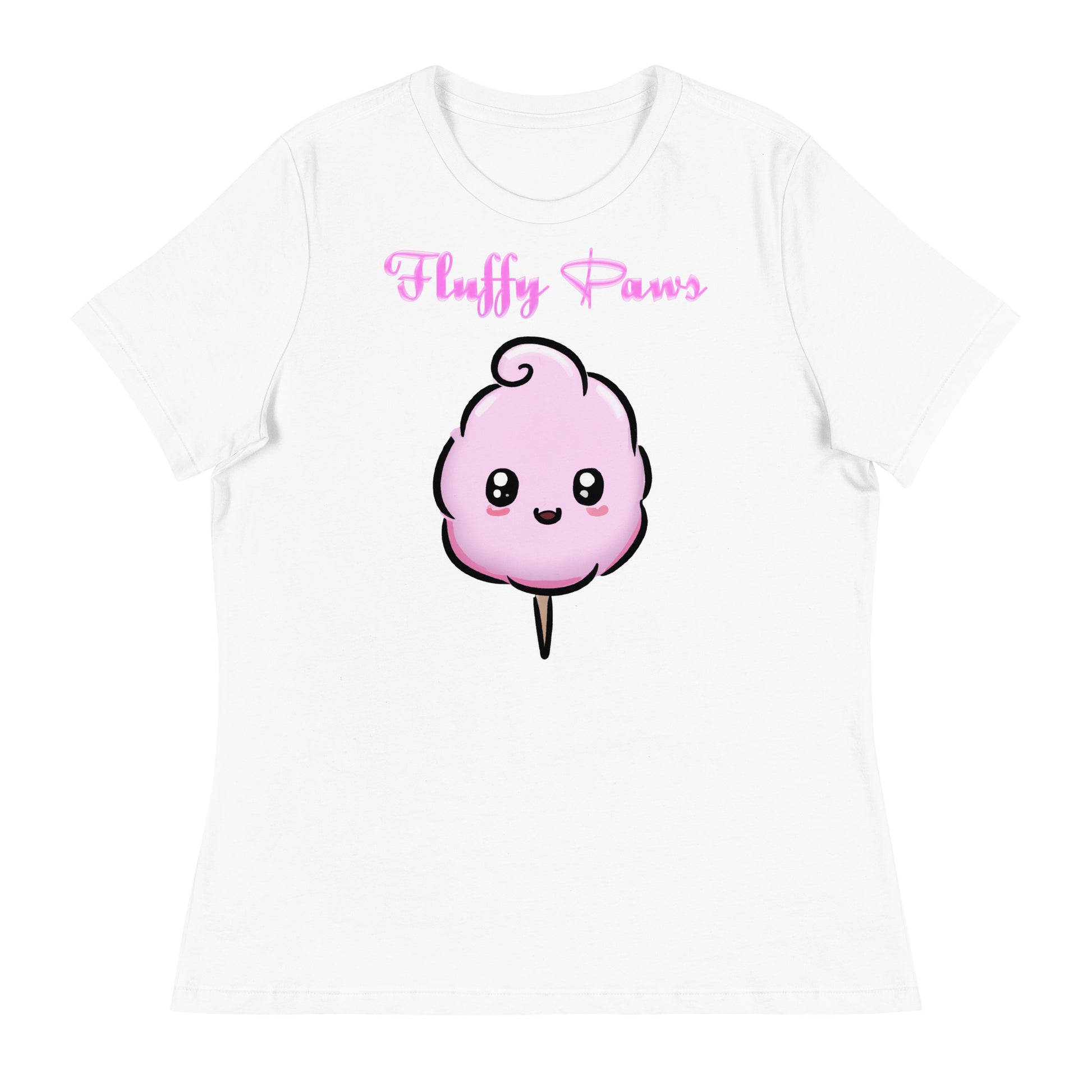 Women's White T-Shirt with Cute Cotton Candy with a text "Fluffy Paws" at $25.97 found at Personalizedpetlovergifts