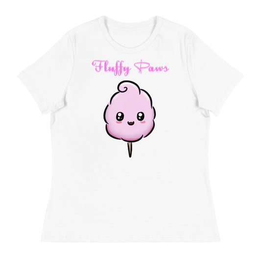 Women's White T-Shirt with Cute Cotton Candy with a text "Fluffy Paws" at $25.97 found at Personalizedpetlovergifts