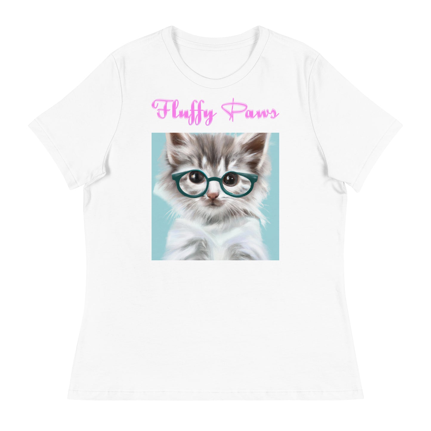 Women's White T-Shirt with Cute Cat With Glasses with a text "Fluffy Paws" at $25.97 found at Personalizedpetlovergifts