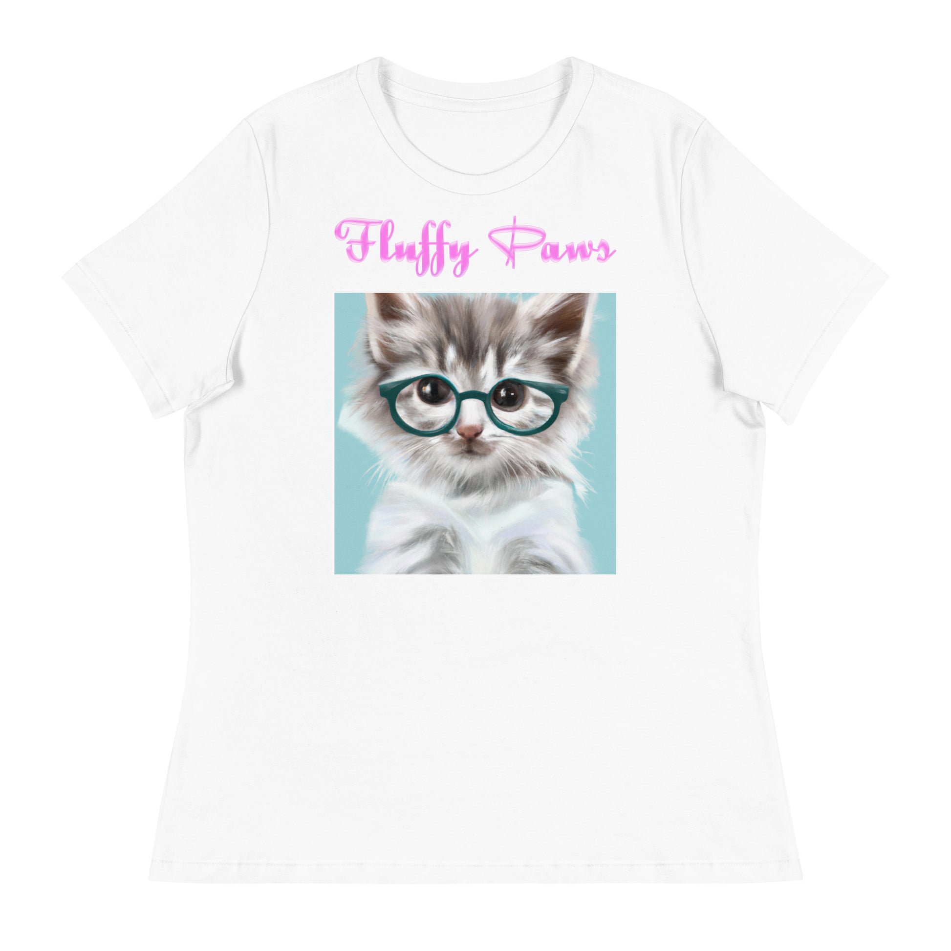 Women's White T-Shirt with Cute Cat With Glasses with a text "Fluffy Paws" at $25.97 found at Personalizedpetlovergifts