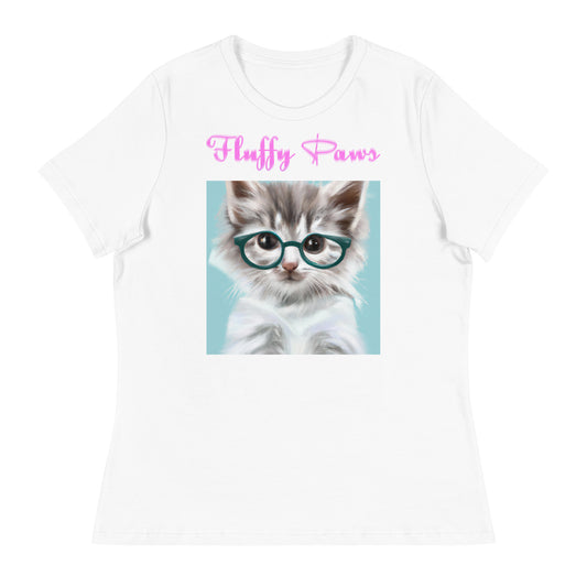 Women's White T-Shirt with Cute Cat With Glasses with a text "Fluffy Paws" at $25.97 found at Personalizedpetlovergifts