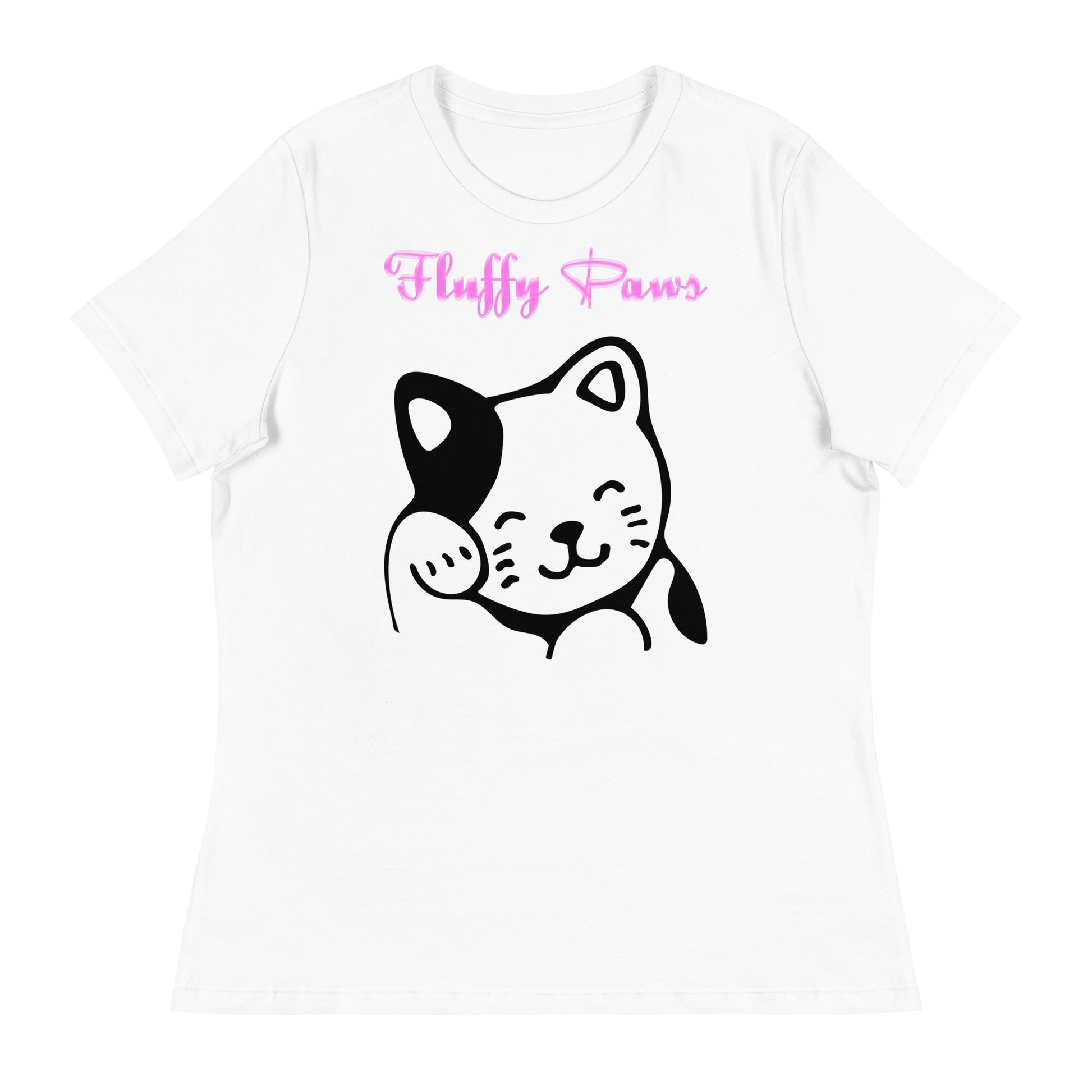 Women's White T-Shirt with Cute Cat Waving with a text "Fluffy Paws" at $25.97 found at Personalizedpetlovergifts