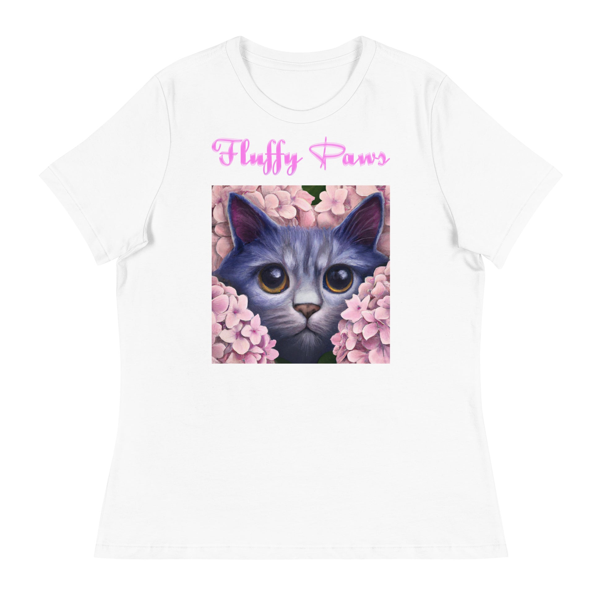 Women's White T-Shirt with Cute Cat In Flowers with a text "Fluffy Paws" at $25.97 found at Personalizedpetlovergifts