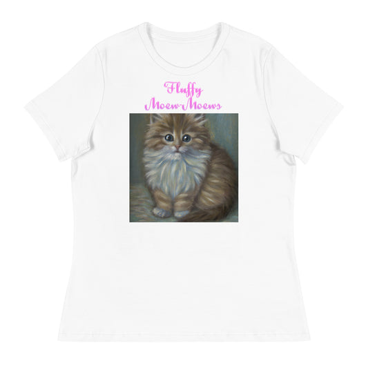 Women's White T-Shirt with Fluffy Kitten Painting with a text "Fluffy Moew-Moews" at $25.97 found at Personalizedpetlovergifts