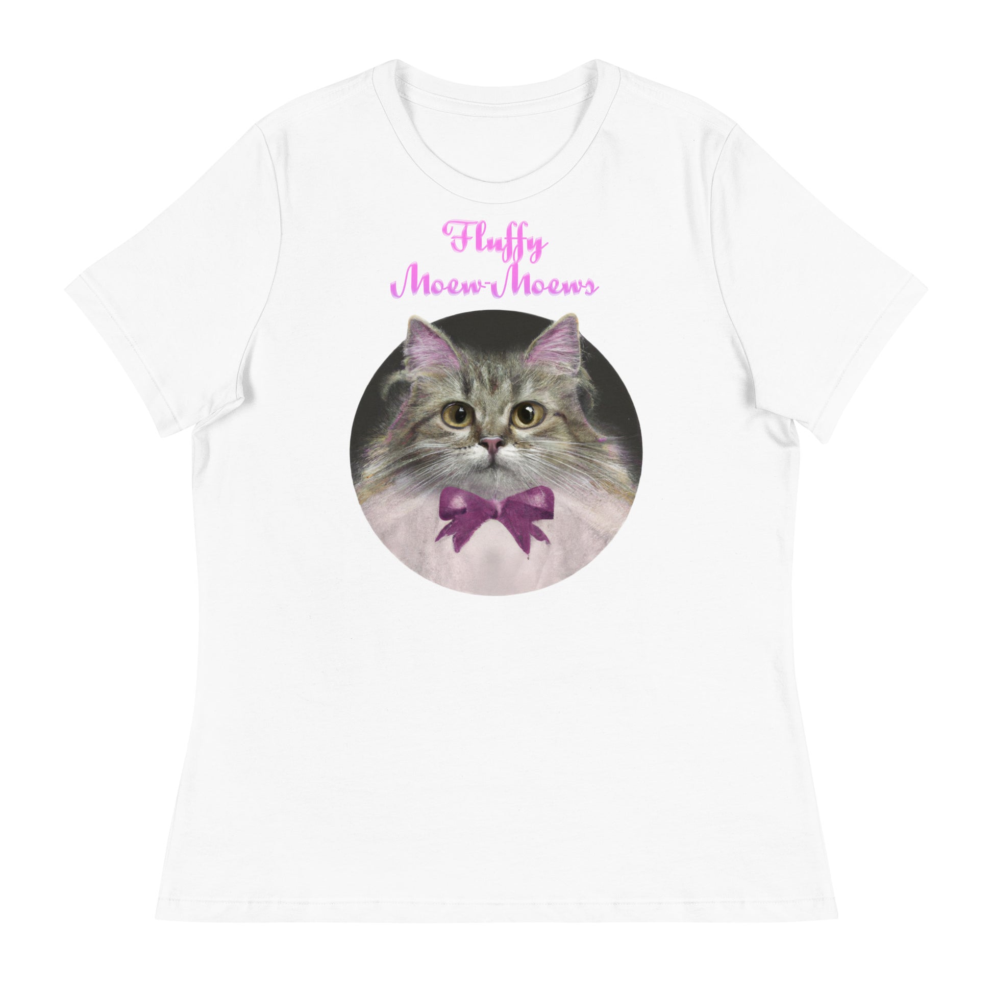 Women's White T-Shirt with Fluffy Kitten in a Circle With a Bow with a text "Fluffy Moew-Moews" at $25.97 found at Personalizedpetlovergifts