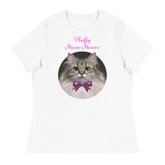 Women's White T-Shirt with Fluffy Kitten in a Circle With a Bow with a text "Fluffy Moew-Moews" at $25.97 found at Personalizedpetlovergifts