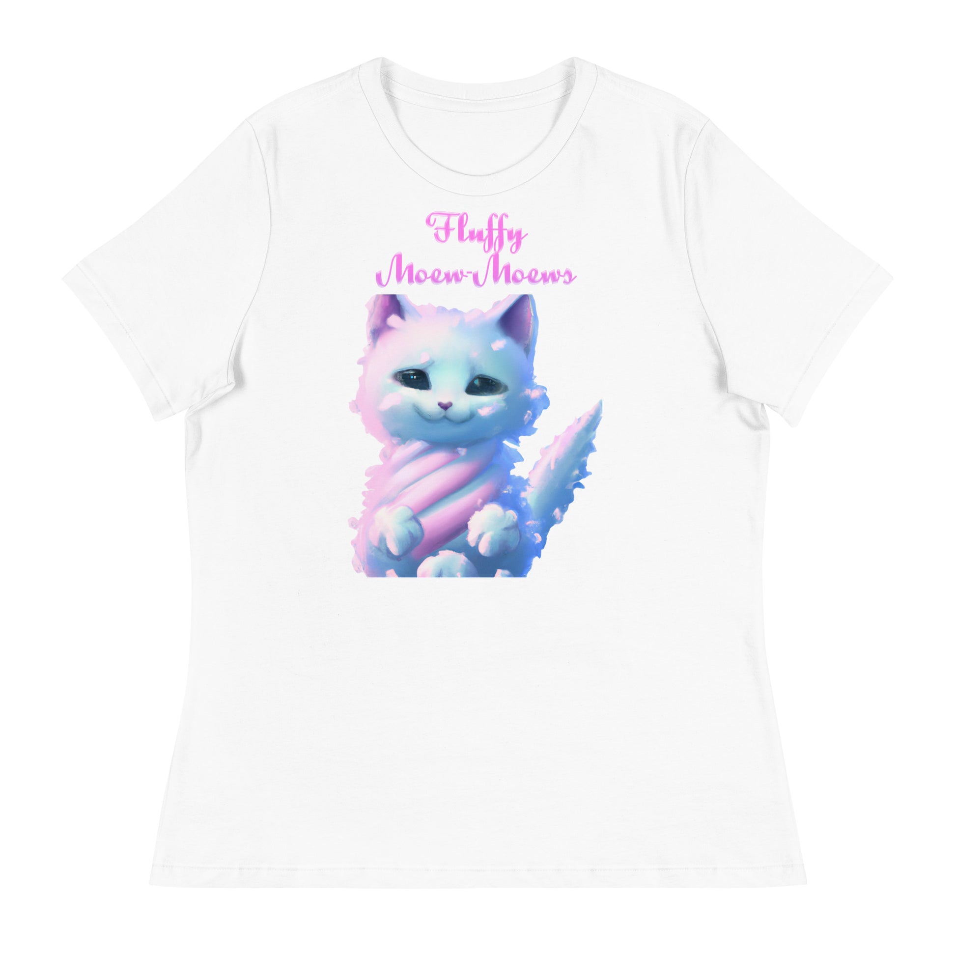 Women's White T-Shirt with Fluffy Cotton Candy Cloud Kitten with a text "Fluffy Moew-Moews" at $25.97 found at Personalizedpetlovergifts