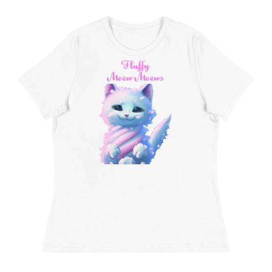 Women's White T-Shirt with Fluffy Cotton Candy Cloud Kitten with a text "Fluffy Moew-Moews" at $25.97 found at Personalizedpetlovergifts