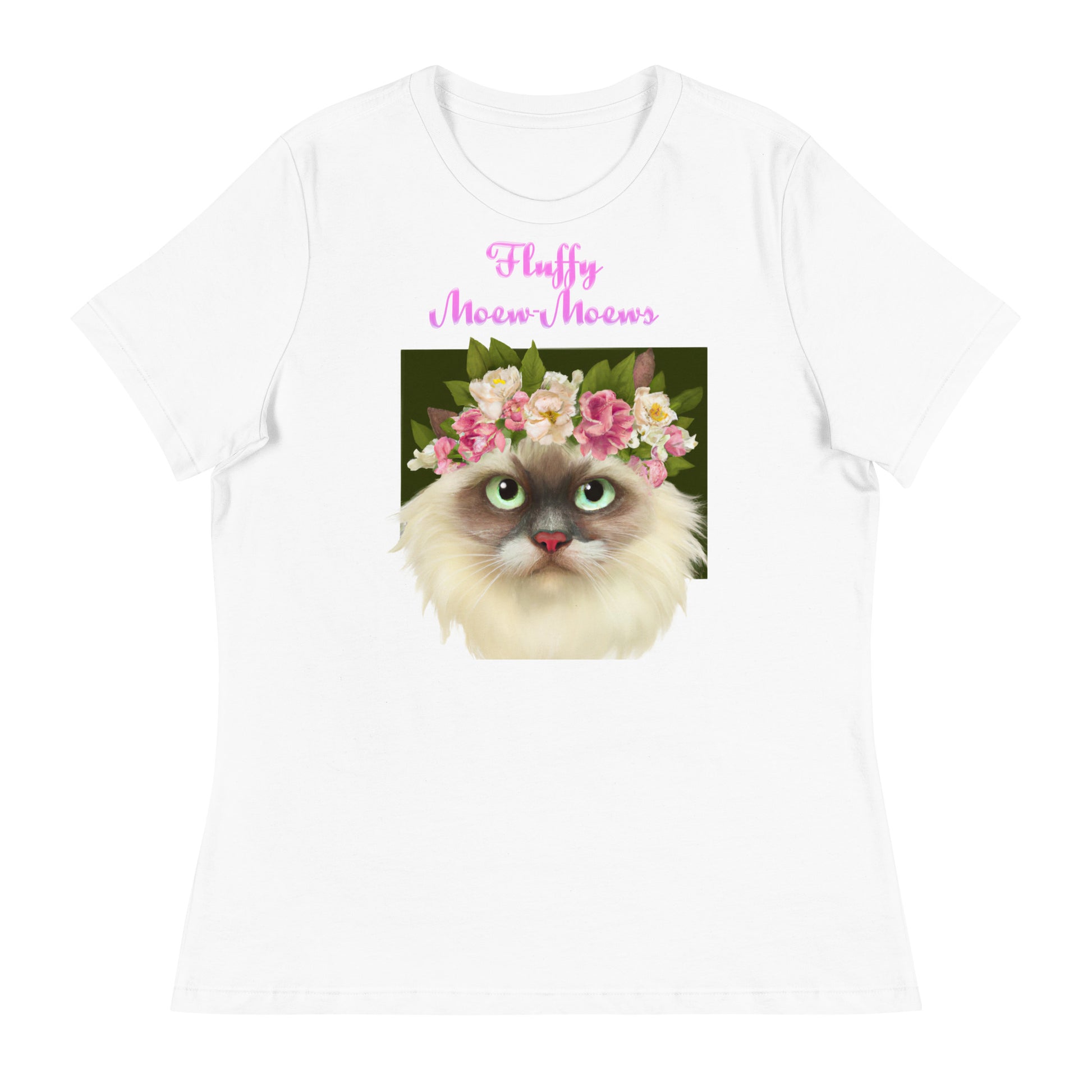 Women's White T-Shirt with Fluffy Cat Portrait With Flowers with a text "Fluffy Moew-Moews" at $25.97 found at Personalizedpetlovergifts