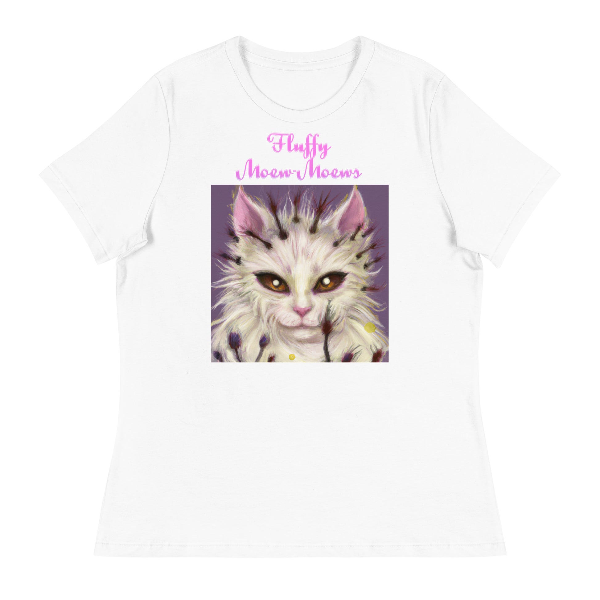 Women's White T-Shirt with Fluffy Alien Cat with a text "Fluffy Moew-Moews" at $25.97 found at Personalizedpetlovergifts