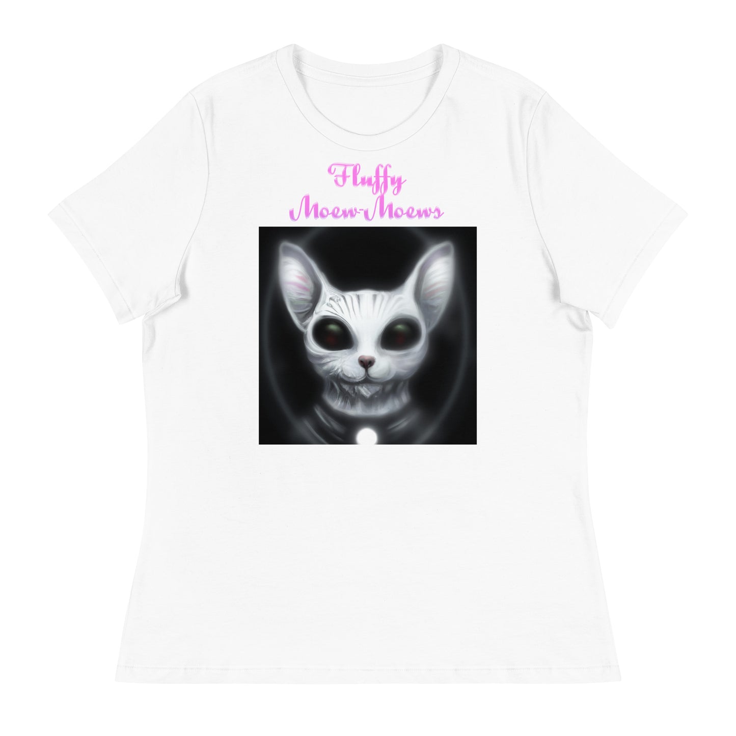 Women's White T-Shirt with Dark Alien Cat with a text "Fluffy Moew-Moews" at $25.97 found at Personalizedpetlovergifts