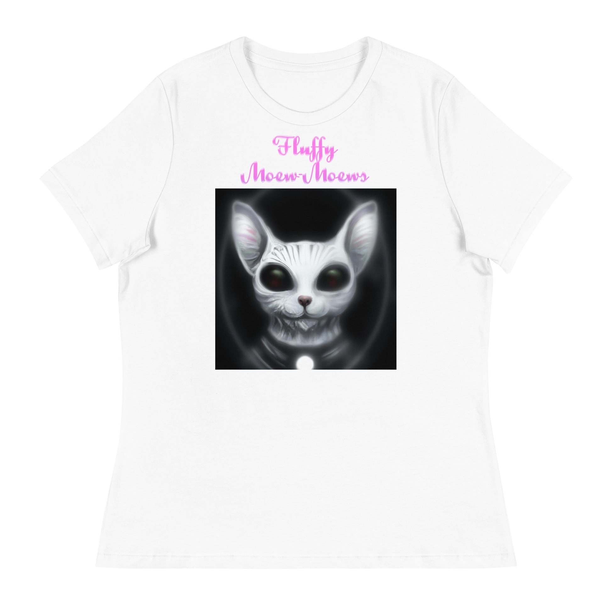 Women's White T-Shirt with Dark Alien Cat with a text "Fluffy Moew-Moews" at $25.97 found at Personalizedpetlovergifts