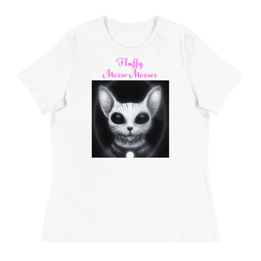 Women's White T-Shirt with Dark Alien Cat with a text "Fluffy Moew-Moews" at $25.97 found at Personalizedpetlovergifts