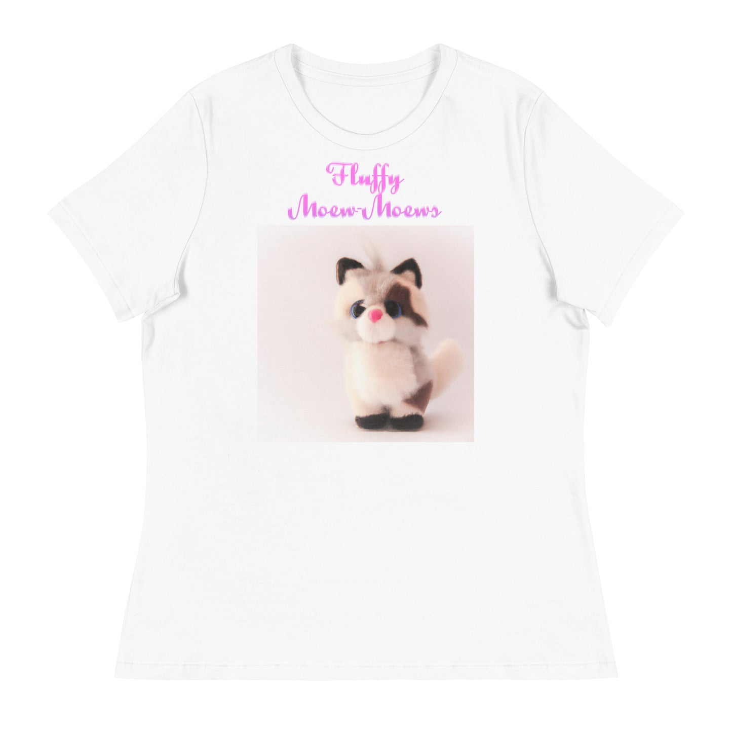 Women's White T-Shirt with Cute Plush Kitten with a text "Fluffy Moew-Moews" at $25.97 found at Personalizedpetlovergifts