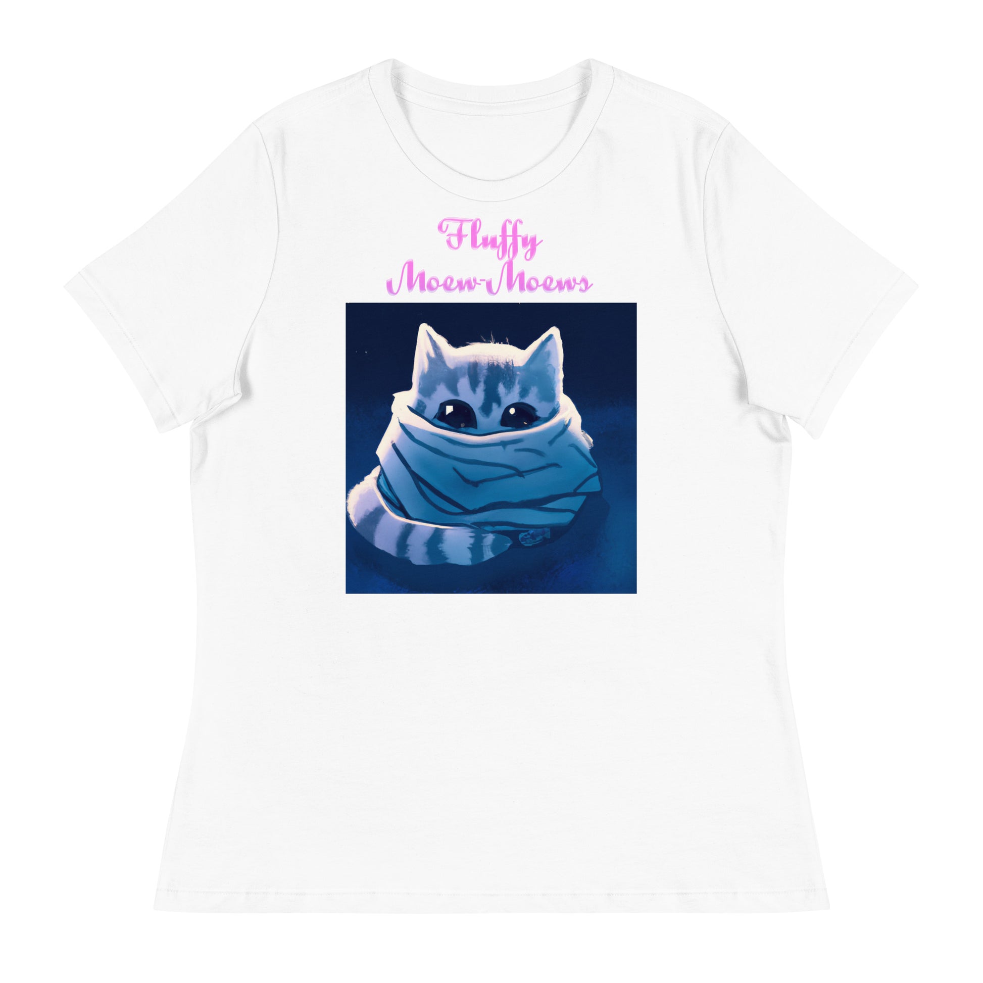 Women's White T-Shirt with Cute Kitten Wrapped Up In a Cozy Scarf with a text "Fluffy Moew-Moews" at $25.97 found at Personalizedpetlovergifts