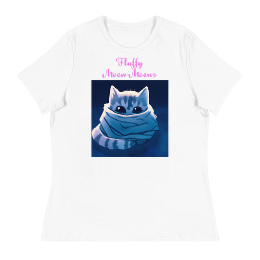 Women's White T-Shirt with Cute Kitten Wrapped Up In a Cozy Scarf with a text "Fluffy Moew-Moews" at $25.97 found at Personalizedpetlovergifts