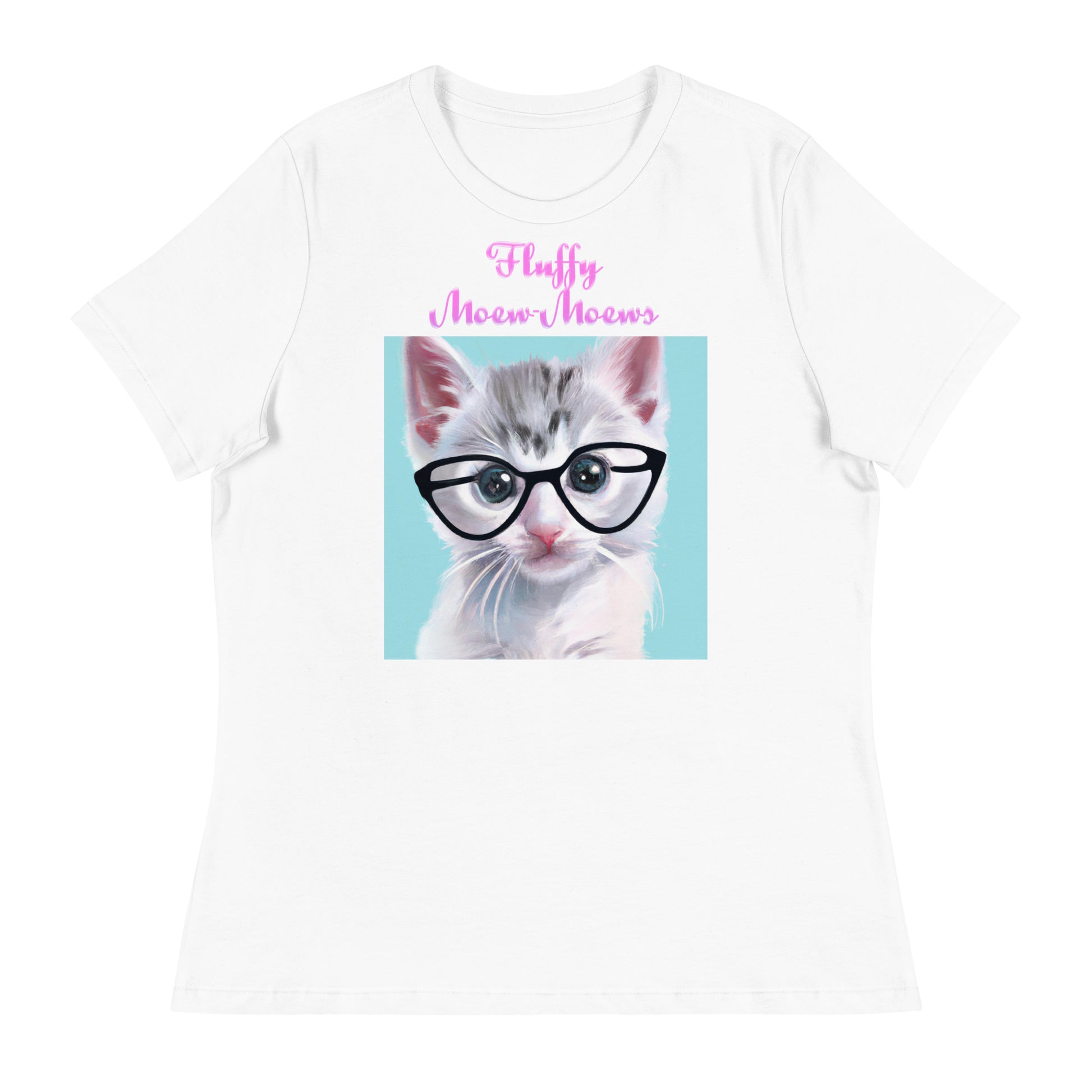 Women's White T-Shirt with Cute Kitten With Glasses And Whiskers with a text "Fluffy Moew-Moews" at $25.97 found at Personalizedpetlovergifts