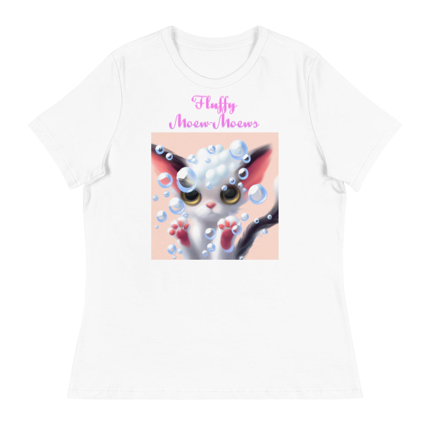 Women's White T-Shirt with Cute Kitten With Bubbles with a text "Fluffy Moew-Moews" at $25.97 found at Personalizedpetlovergifts