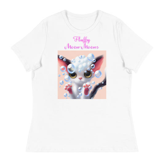 Women's White T-Shirt with Cute Kitten With Bubbles with a text "Fluffy Moew-Moews" at $25.97 found at Personalizedpetlovergifts