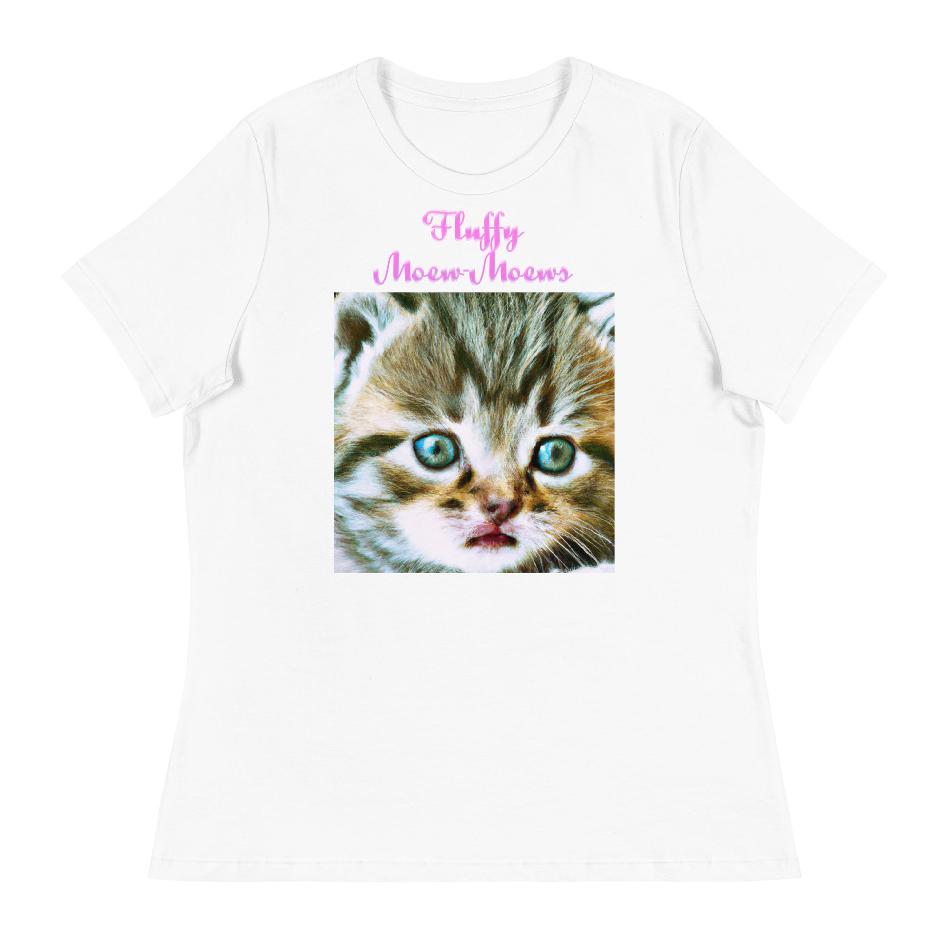 Women's White T-Shirt with Cute Kitten Portrait with a text "Fluffy Moew-Moews" at $25.97 found at Personalizedpetlovergifts