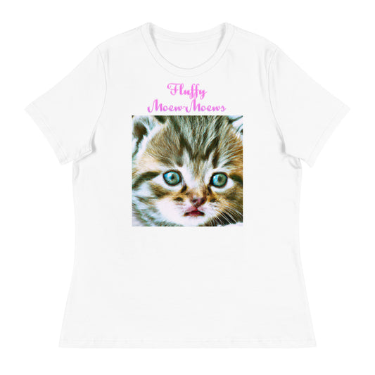 Women's White T-Shirt with Cute Kitten Portrait with a text "Fluffy Moew-Moews" at $25.97 found at Personalizedpetlovergifts