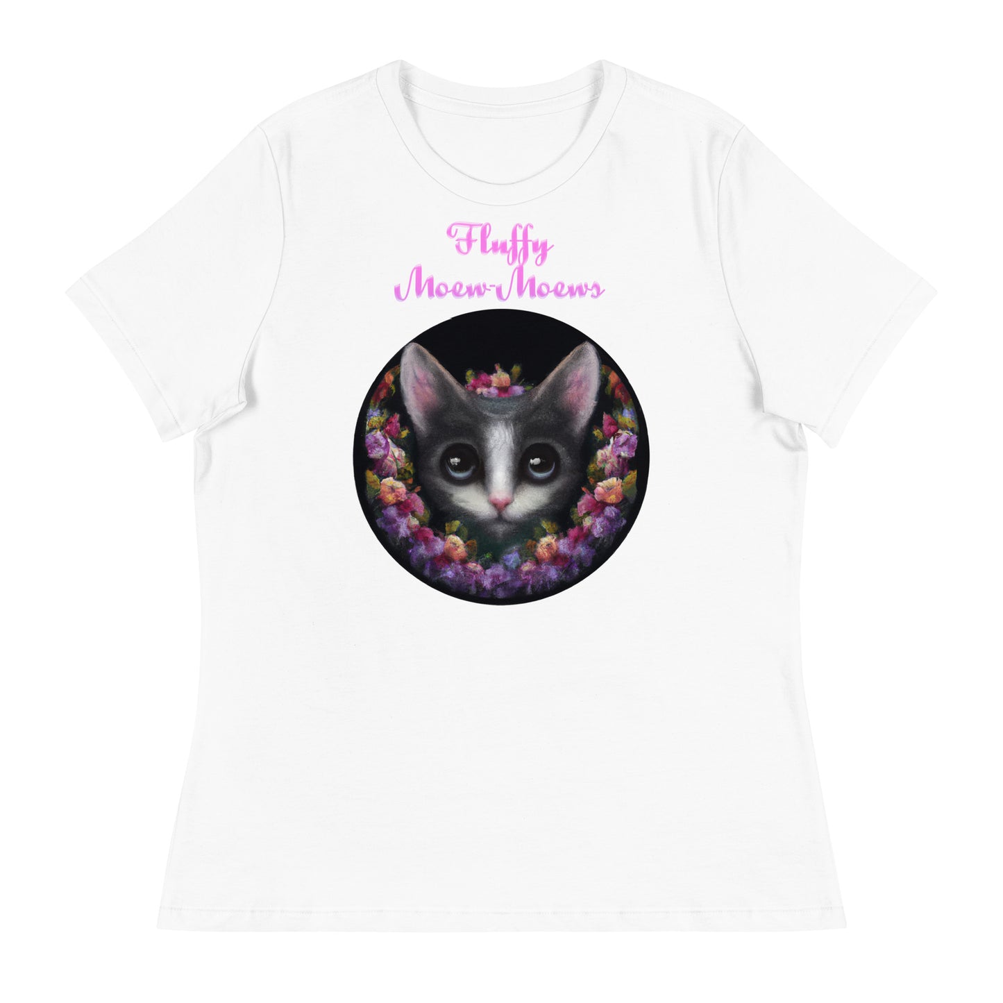 Women's White T-Shirt with Cute Kitten In Flower Circle with a text "Fluffy Moew-Moews" at $25.97 found at Personalizedpetlovergifts