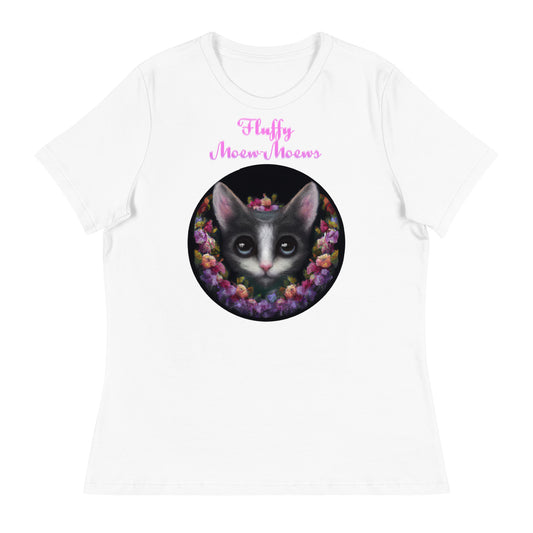 Women's White T-Shirt with Cute Kitten In Flower Circle with a text "Fluffy Moew-Moews" at $25.97 found at Personalizedpetlovergifts