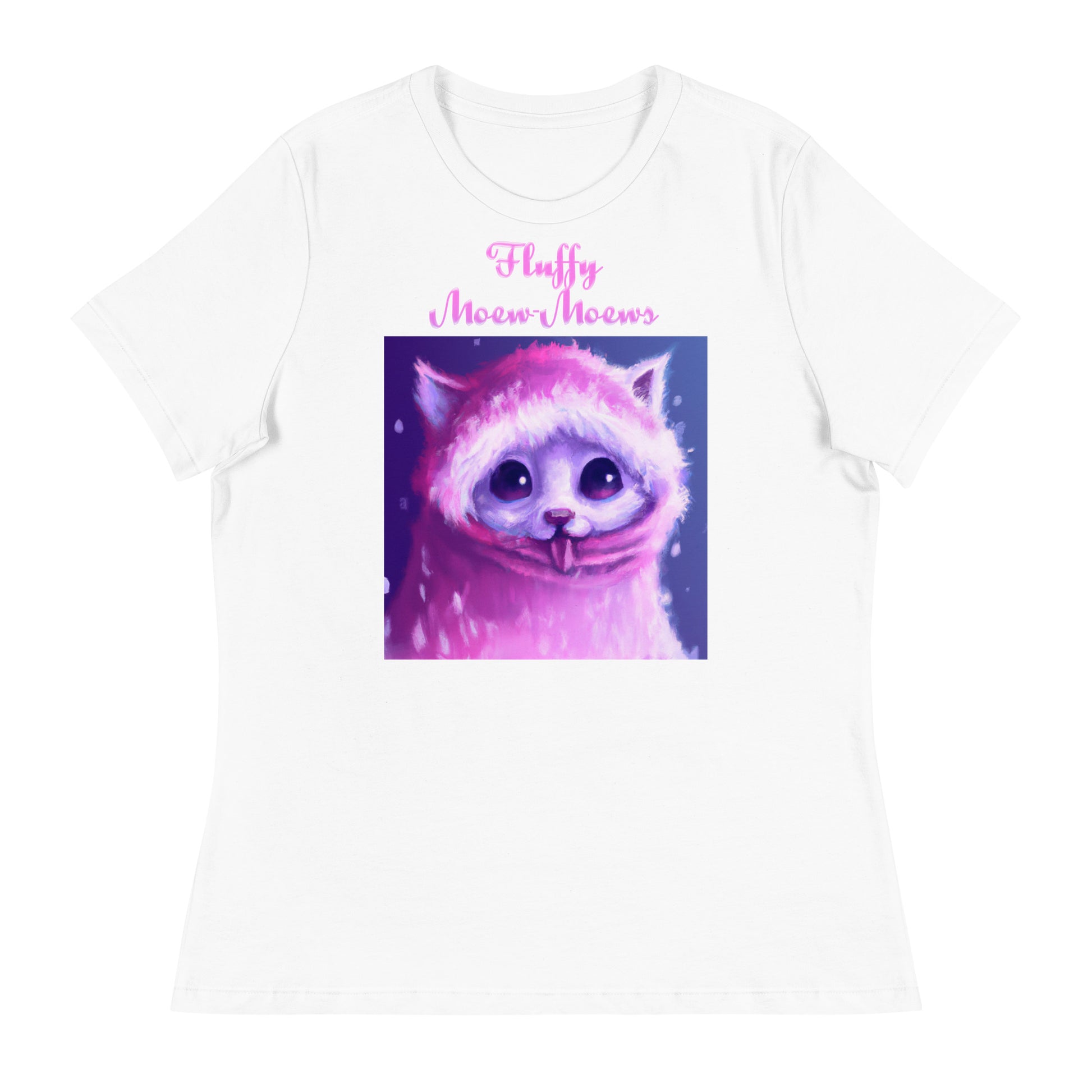 Women's White T-Shirt with Cute Kitten In a Pink Hoodie with a text "Fluffy Moew-Moews" at $25.97 found at Personalizedpetlovergifts