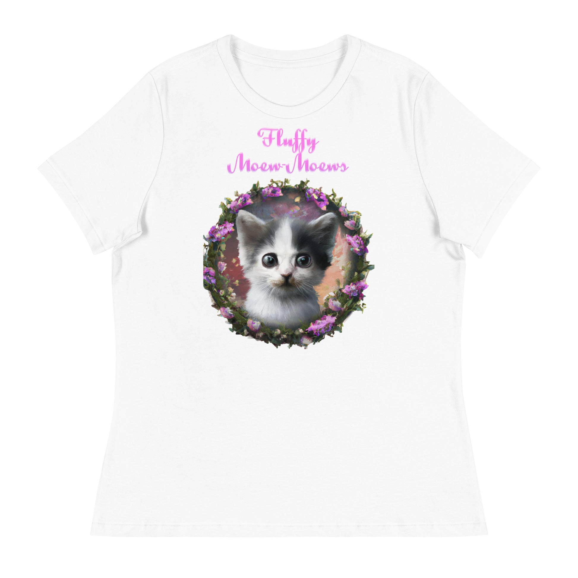 Women's White T-Shirt with Cute Kitten In a Floral Circle with a text "Fluffy Moew-Moews" at $25.97 found at Personalizedpetlovergifts