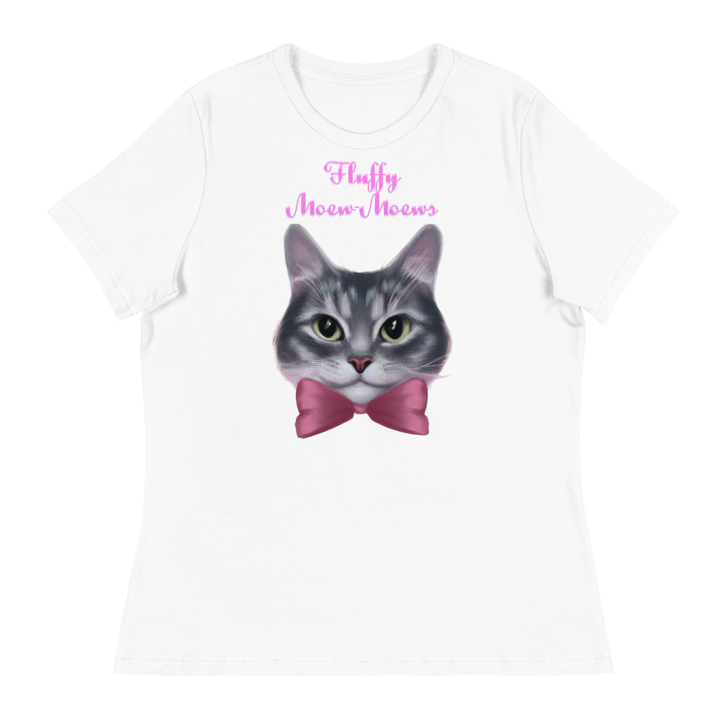 Women's White T-Shirt with Cute Kitten Face With a Pink Bow with a text "Fluffy Moew-Moews" at $25.97 found at Personalizedpetlovergifts