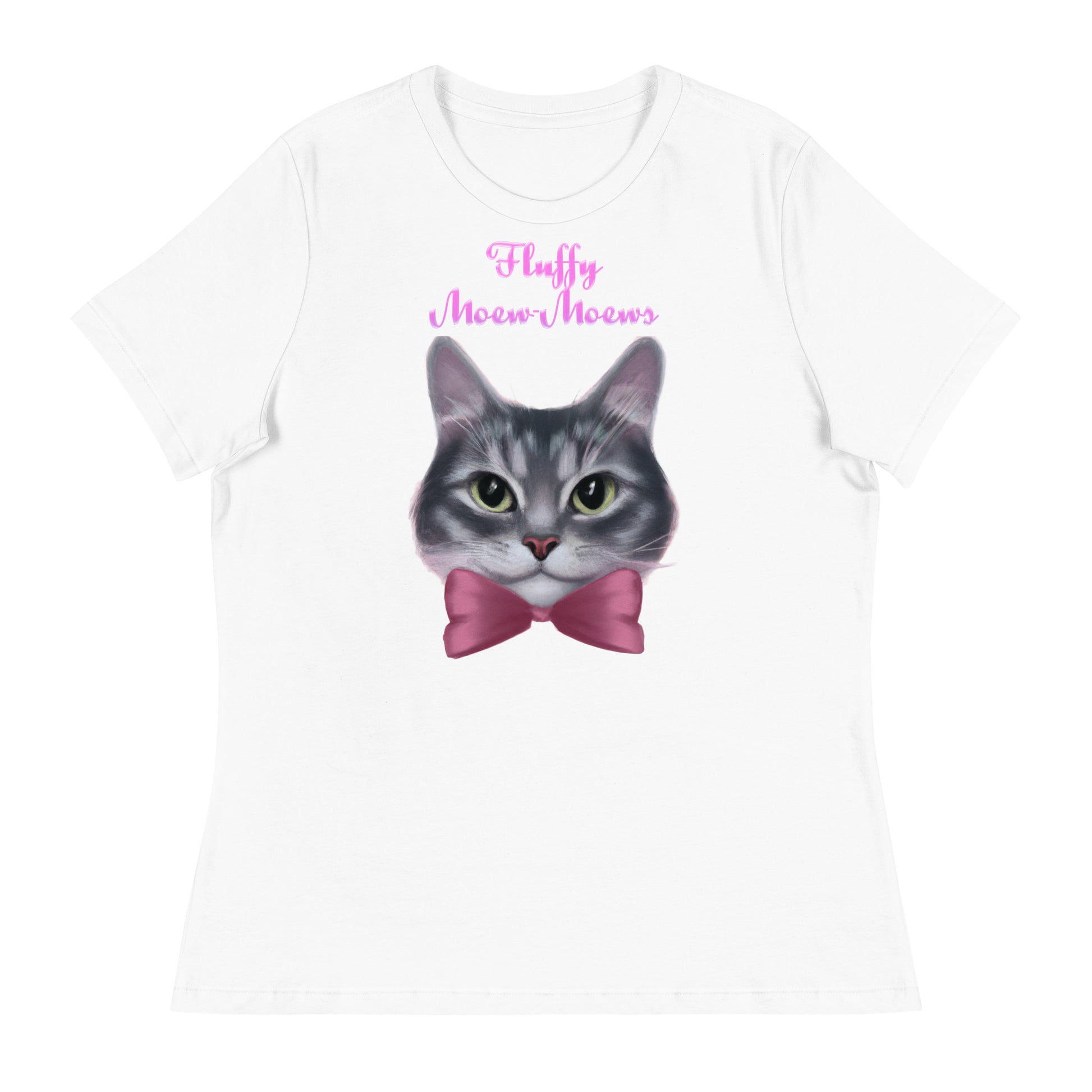 Women's White T-Shirt with Cute Kitten Face With a Pink Bow with a text "Fluffy Moew-Moews" at $25.97 found at Personalizedpetlovergifts