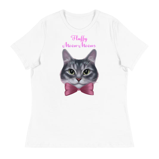 Women's White T-Shirt with Cute Kitten Face With a Pink Bow with a text "Fluffy Moew-Moews" at $25.97 found at Personalizedpetlovergifts