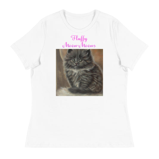 Women's White T-Shirt with Cute Fluffy Kitten with a text "Fluffy Moew-Moews" at $25.97 found at Personalizedpetlovergifts