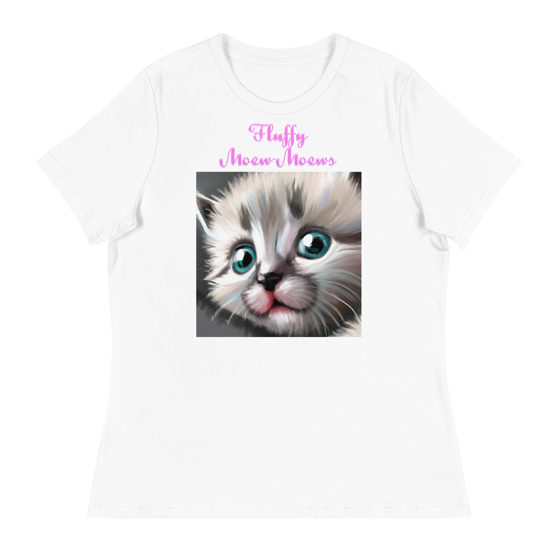 Women's White T-Shirt with Cute Fluffy Kitten With Blue Eyes with a text "Fluffy Moew-Moews" at $25.97 found at Personalizedpetlovergifts