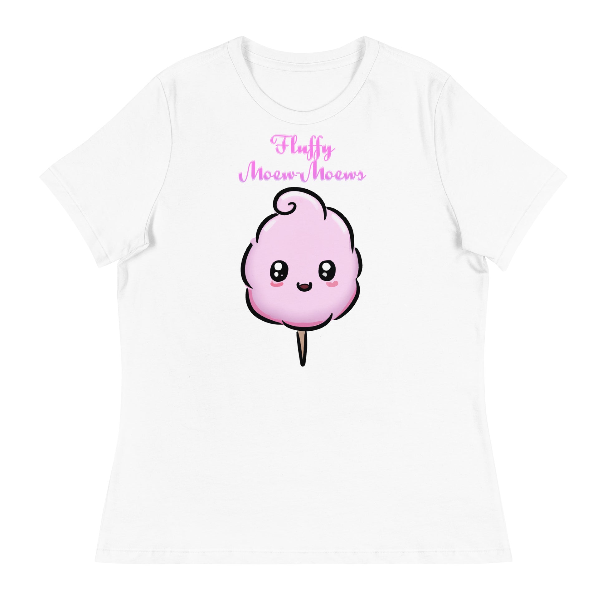 Women's White T-Shirt with Cute Cotton Candy with a text "Fluffy Moew-Moews" at $25.97 found at Personalizedpetlovergifts