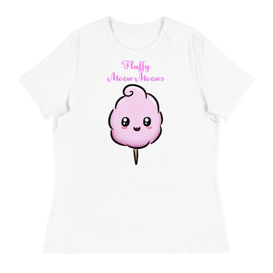 Women's White T-Shirt with Cute Cotton Candy with a text "Fluffy Moew-Moews" at $25.97 found at Personalizedpetlovergifts