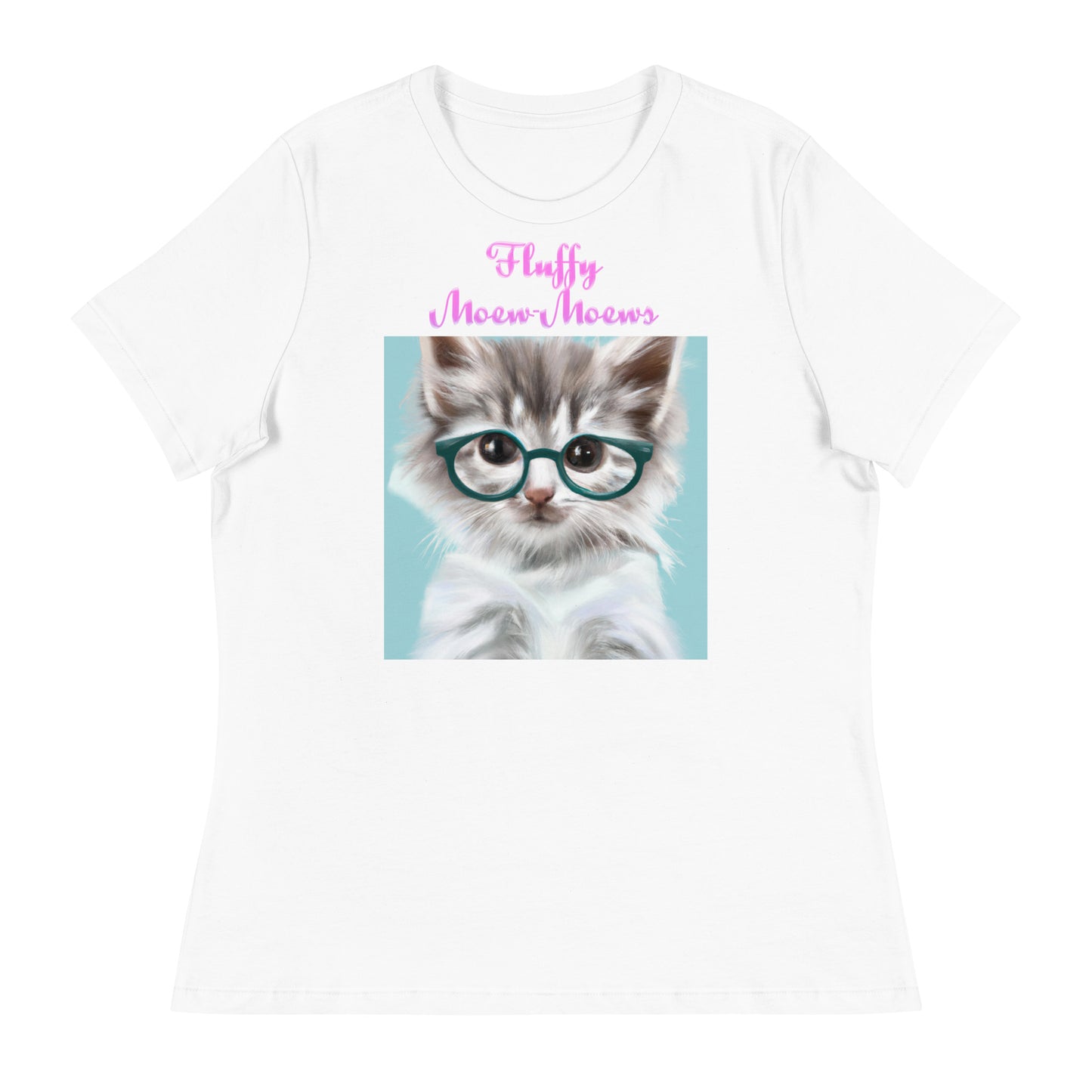 Women's White T-Shirt with Cute Cat With Glasses with a text "Fluffy Moew-Moews" at $25.97 found at Personalizedpetlovergifts